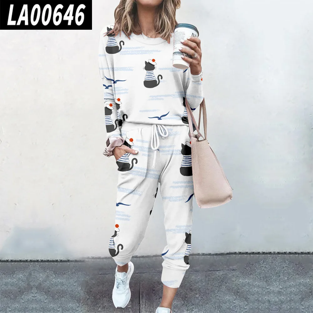Women Cute Cat Print Pullover Two Piece Set Casual Long Sleeve Sweatshirts And Jogging Pants Suits Tracksuits