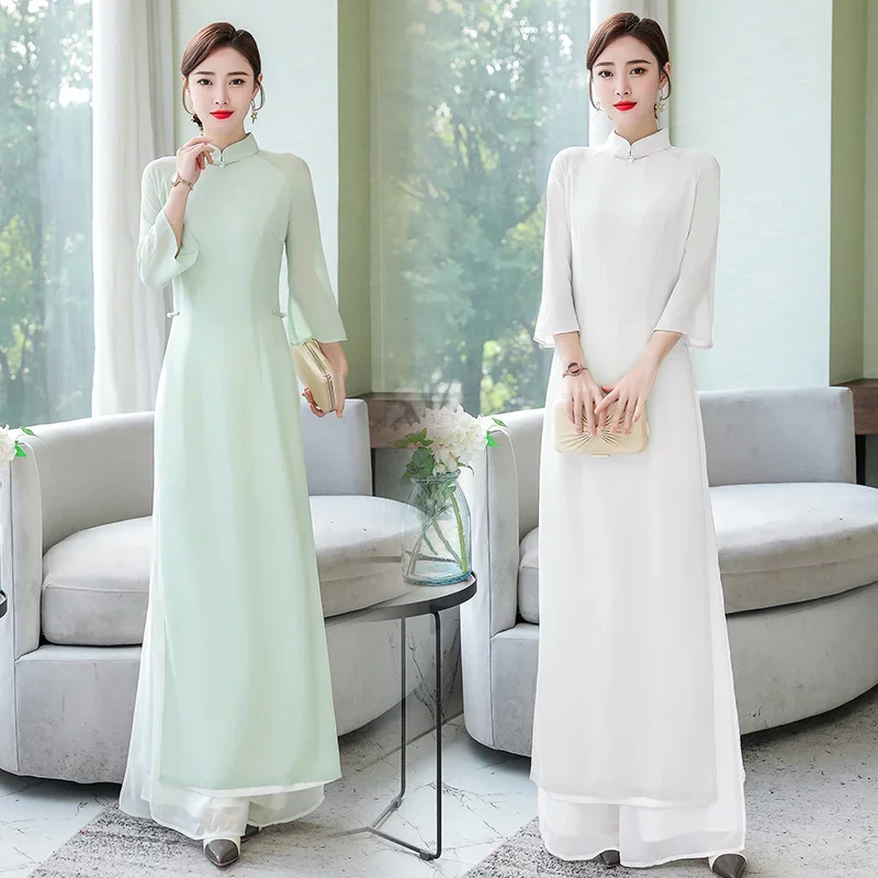 

Spring Summer Ao Dai Vietnam Slim Set Women Casual Long Tops Wide Leg Pants Two Pieces White Light Green Chinese Styles Z548