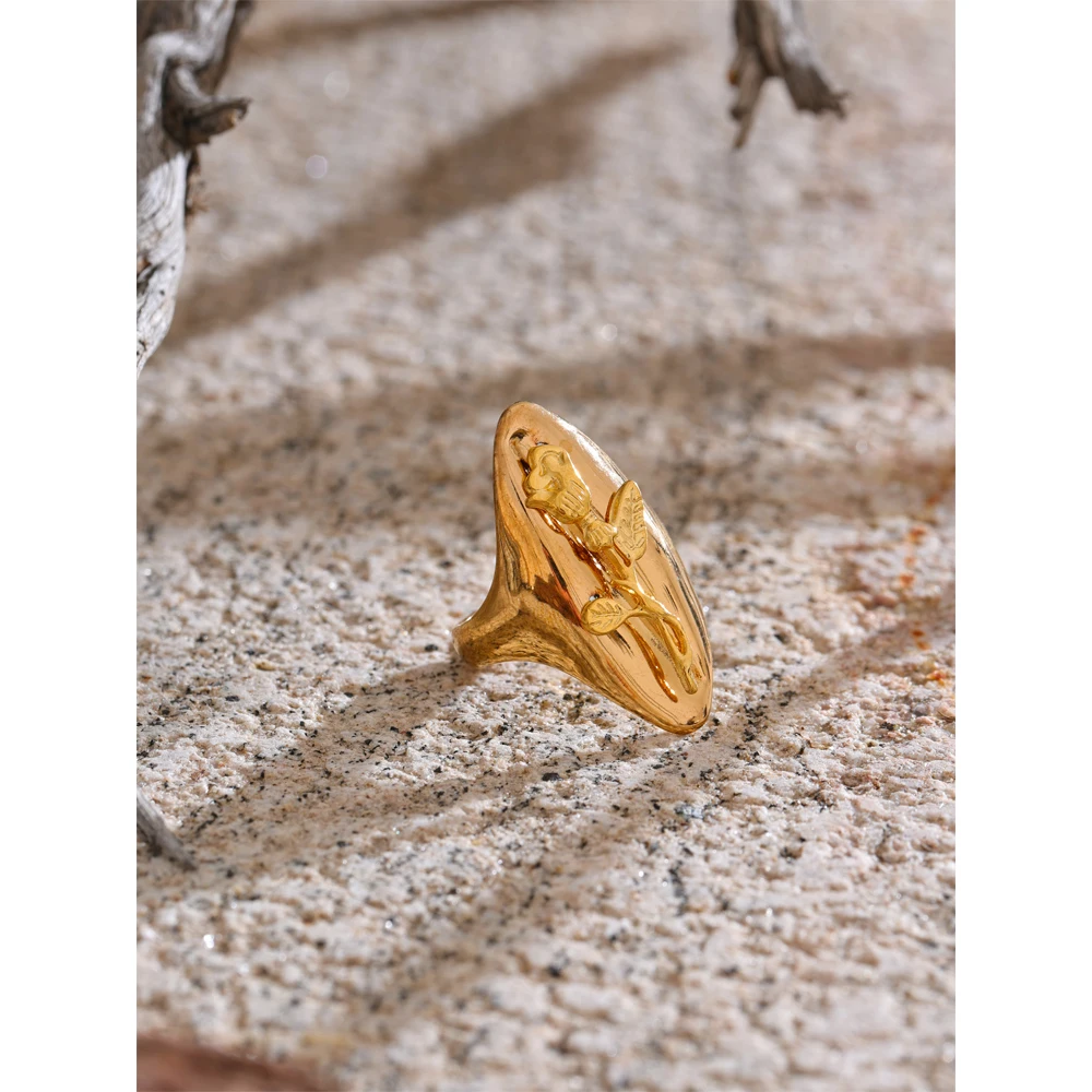 Yhpup High Quality Smooth Stainless Steel Rose Flower Cast Ring 18K Golden Plated Polished Metal Charm Jewelry 2025