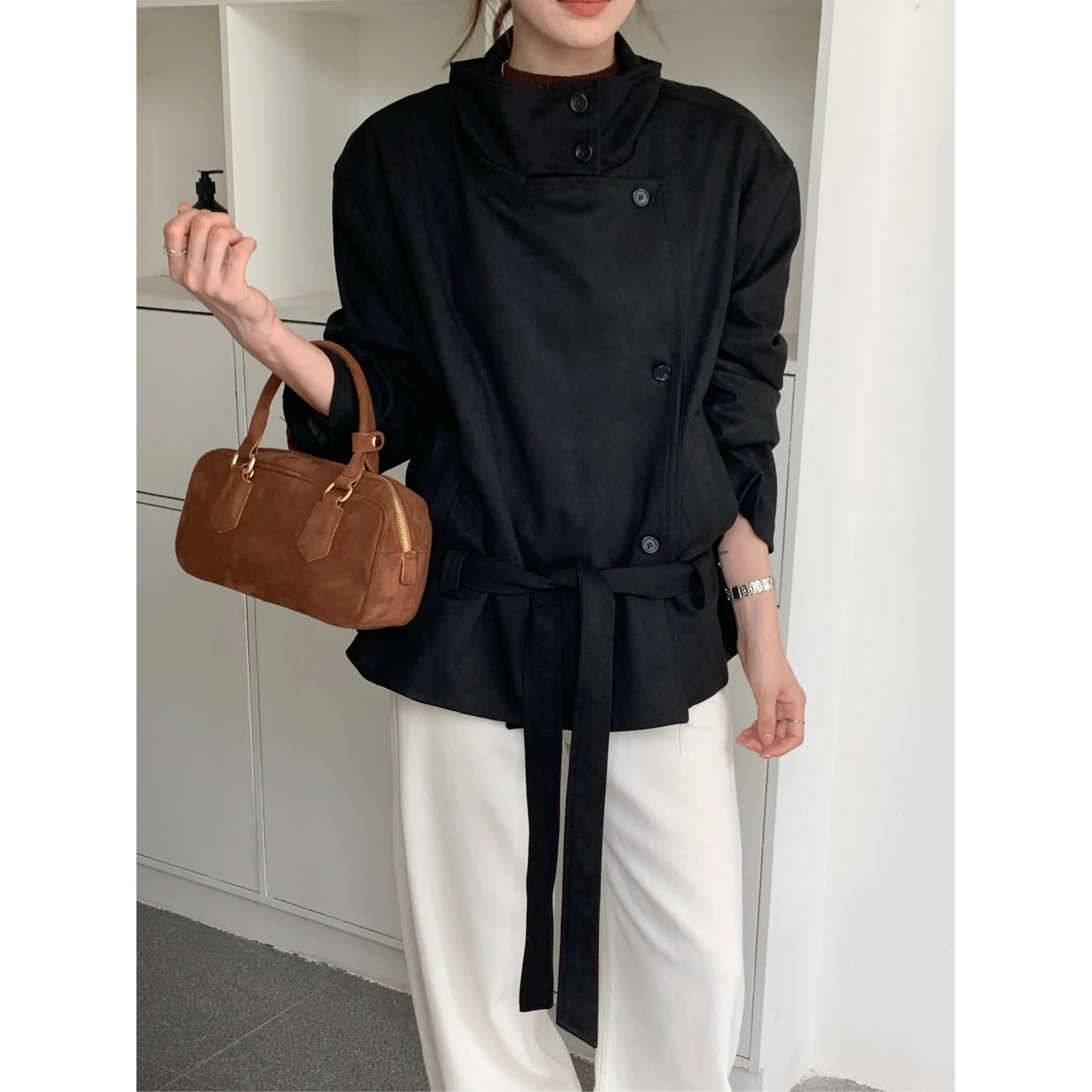 Faionable coreano sle gola cintura cinched couro jaet casaco ortopé feminino comprimento regular detalhe de botão