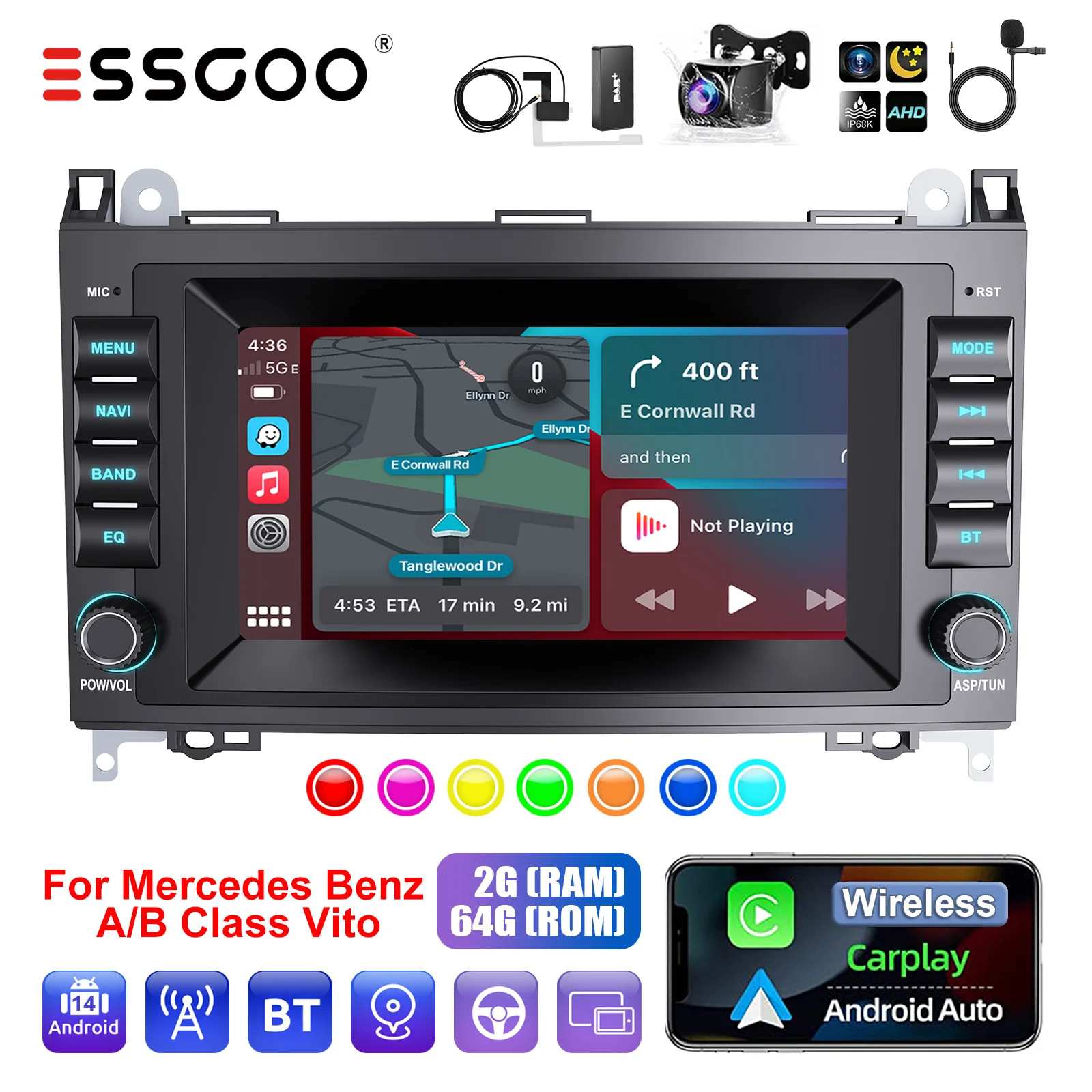 ESSGOO Android 14 2+64G Wireless Carplay Autoradio für Mercedes Benz A/B Klasse Vito W169 W245