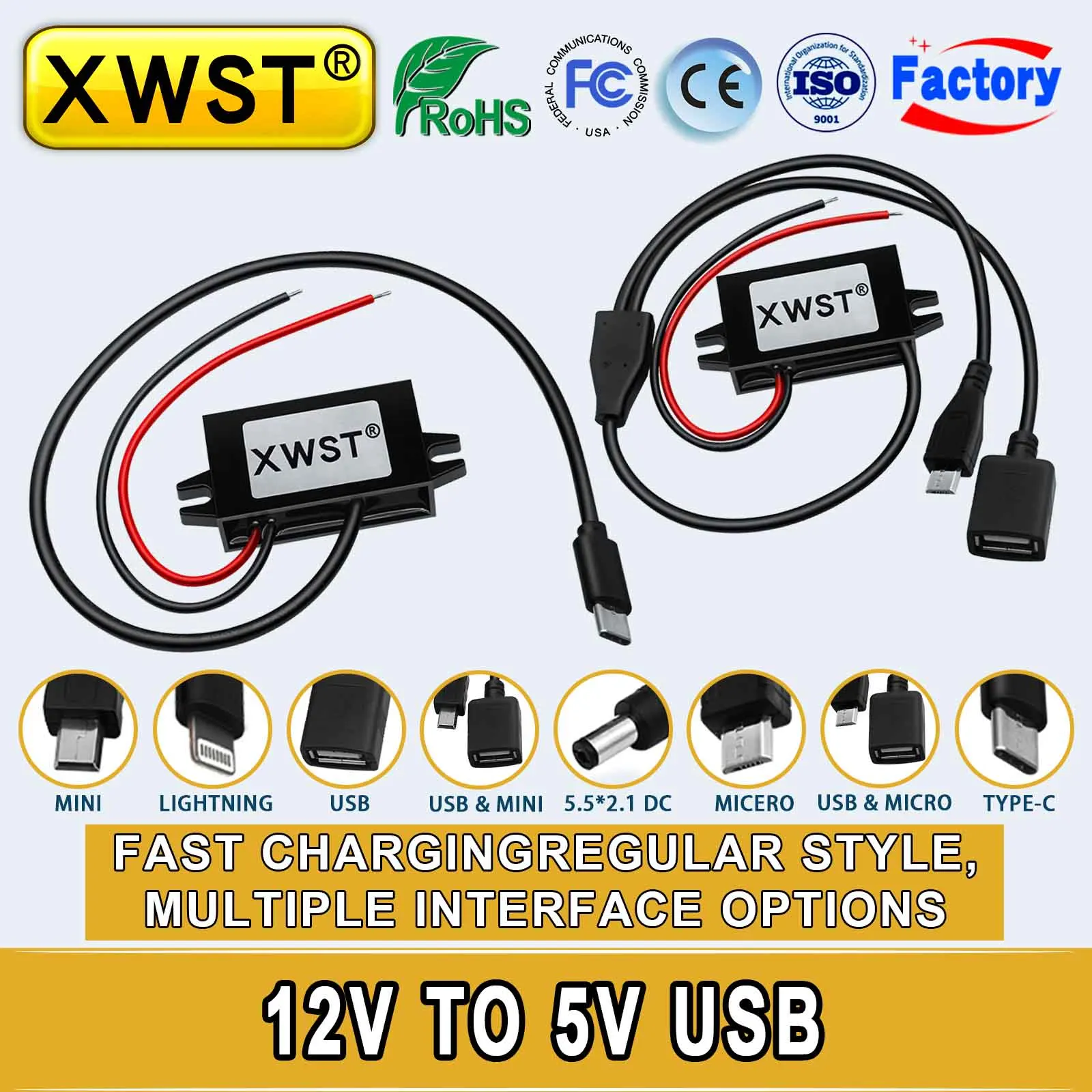 XWST QC3.0 Fast Charging DC DC 12V to 5V Step Down Converter 3A 15W Type-C Mini USB Buck Power Supply Charger for Car Motorcycle