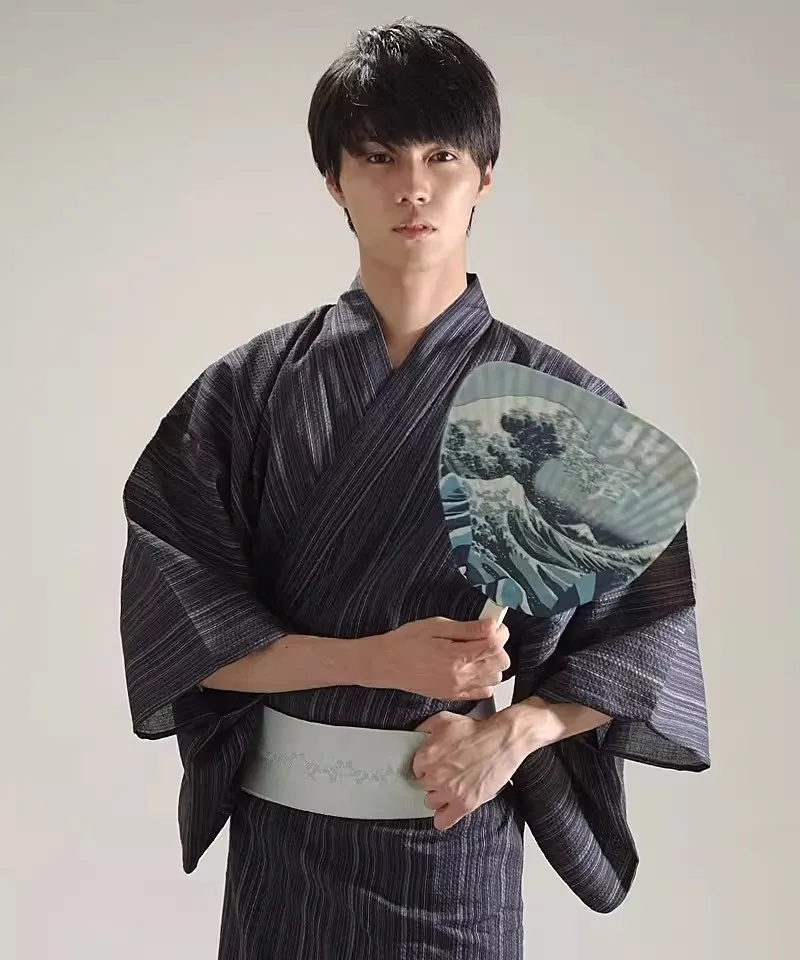 Men's Japanese Samurai Yukata Set – Traditional Kimono in Cotton-Linen, Includes Obi Belt for Cosplay, Travel & Stage Wear