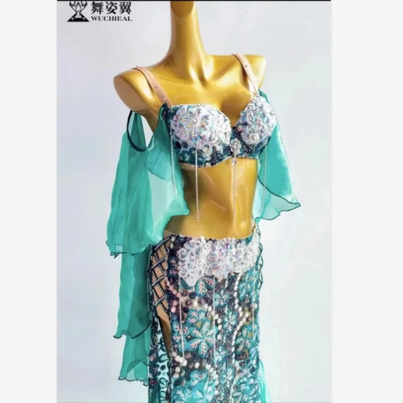 Vrouwen Buikdansen Senior AB Stenen Oosterse Dans Outfit Top Rok Danskleding Buikdans Professionele Competitie Kleding