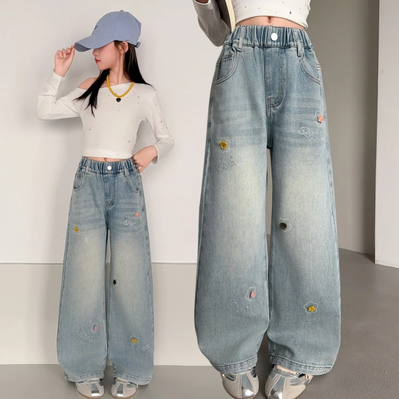 Girls Sweet Wide-Leg Jeans, 3D Floral Embroidery with Hot-Fix Rhinestone, High Waist Denim Pants, for 6-16Y Big Girls Spring Aut