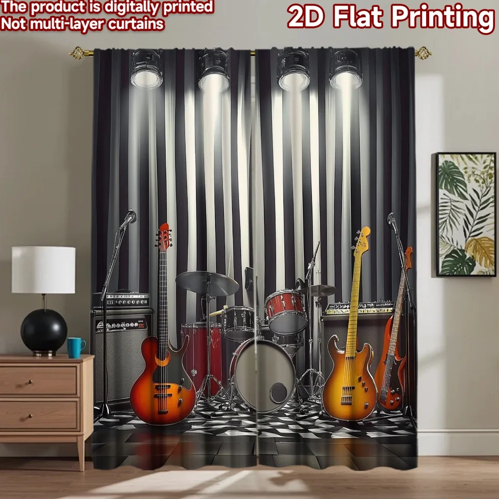 2D flat 2pcs Curtain French Romantic Style Rock Band Instruments Durable polyester fiber Birthday Party Use for Home Decor for