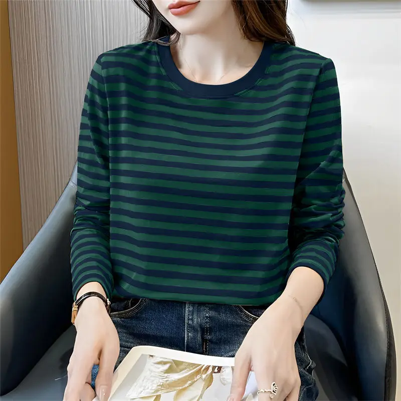 

Women's Clothing 100% Pure Cotton Striped Long-sleeved T-shirt for Women Spring Autumn Casual Loose Round Neck Versatile Top