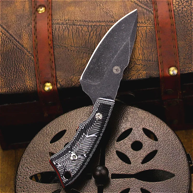 G10 handle black stone wash 59HRC outdoor straight knife, outdoor travel must be small straight knife, hunting tactical knife