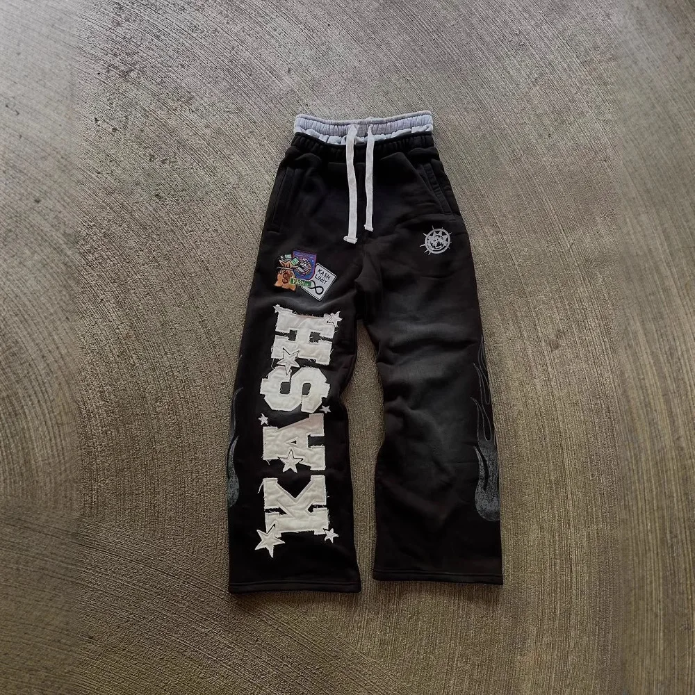 

American Sweatpants Y2K Pants Men Gothic Hip Hop Letter Patch Retro Double Layer Design Baggy Elastic Waist Jogging Casual Pants