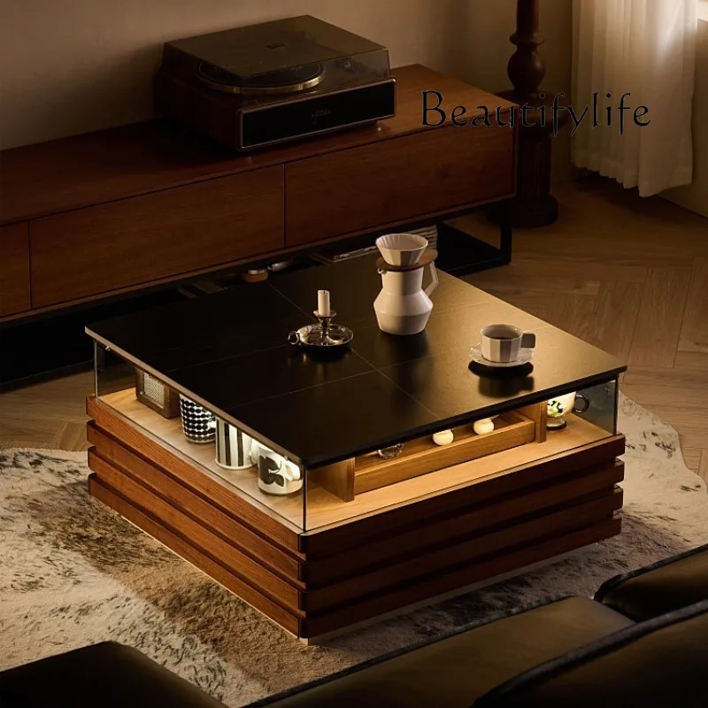 

Nordic rock slab coffee table solid wood lighting atmosphere black walnut modern black square minimalist tea table
