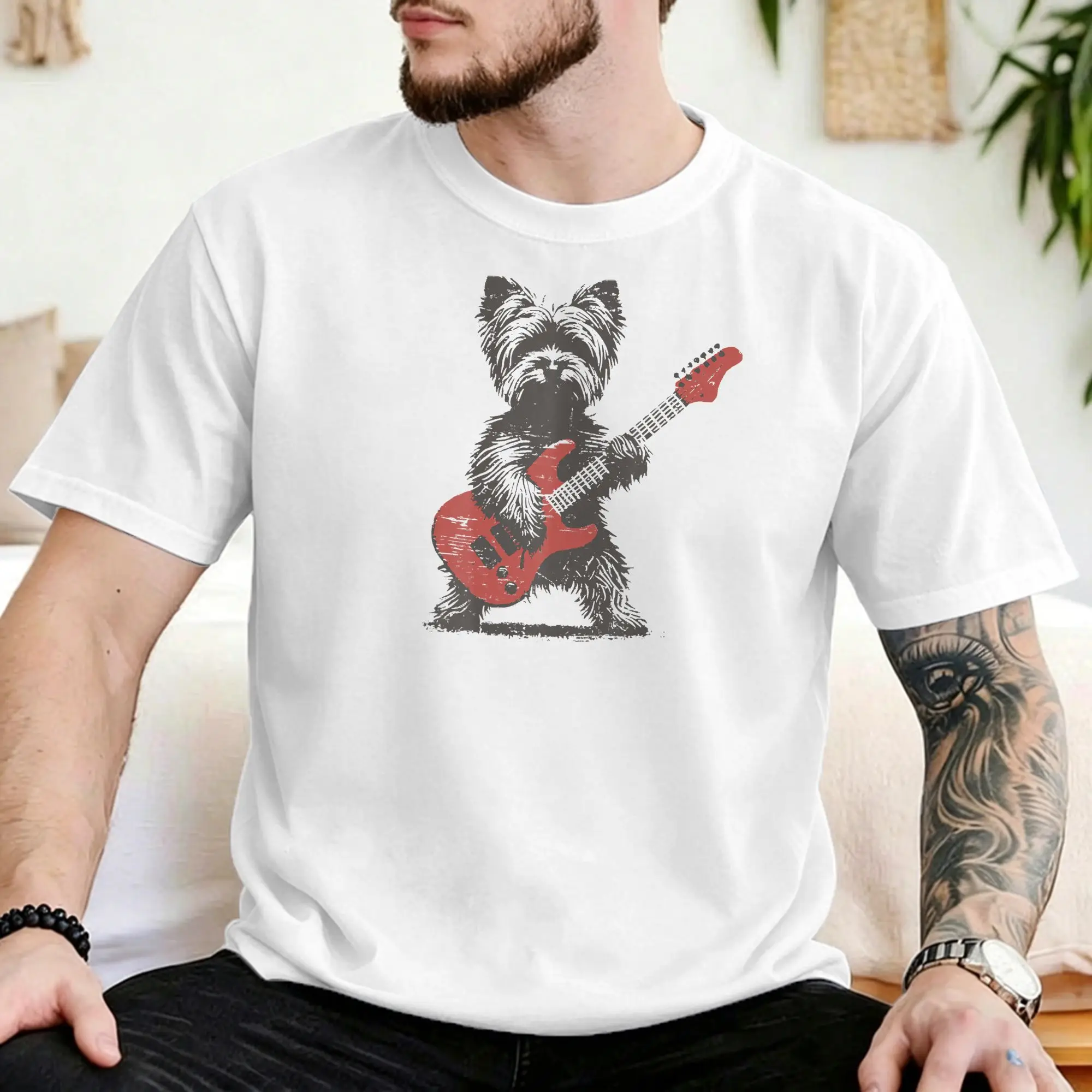 Camisetas Vintage com Estampa de Cachorro Yorkie Engraçado Tocando Guitarra, Camisetas de Algodão com Gola Redonda para Homens e Mulheres, Tamanhos Gr