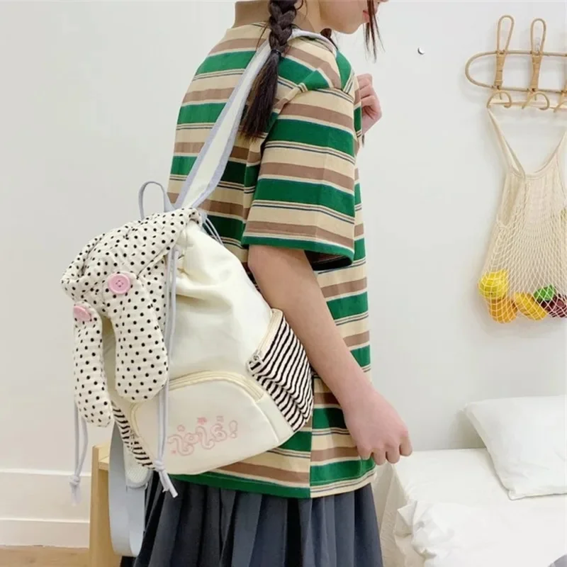 Bunny Backpacks Korean Ins Style School Bag Cute Ear Polka Dot Striped Canvas Large Capacity For Teenage Girls Back To School