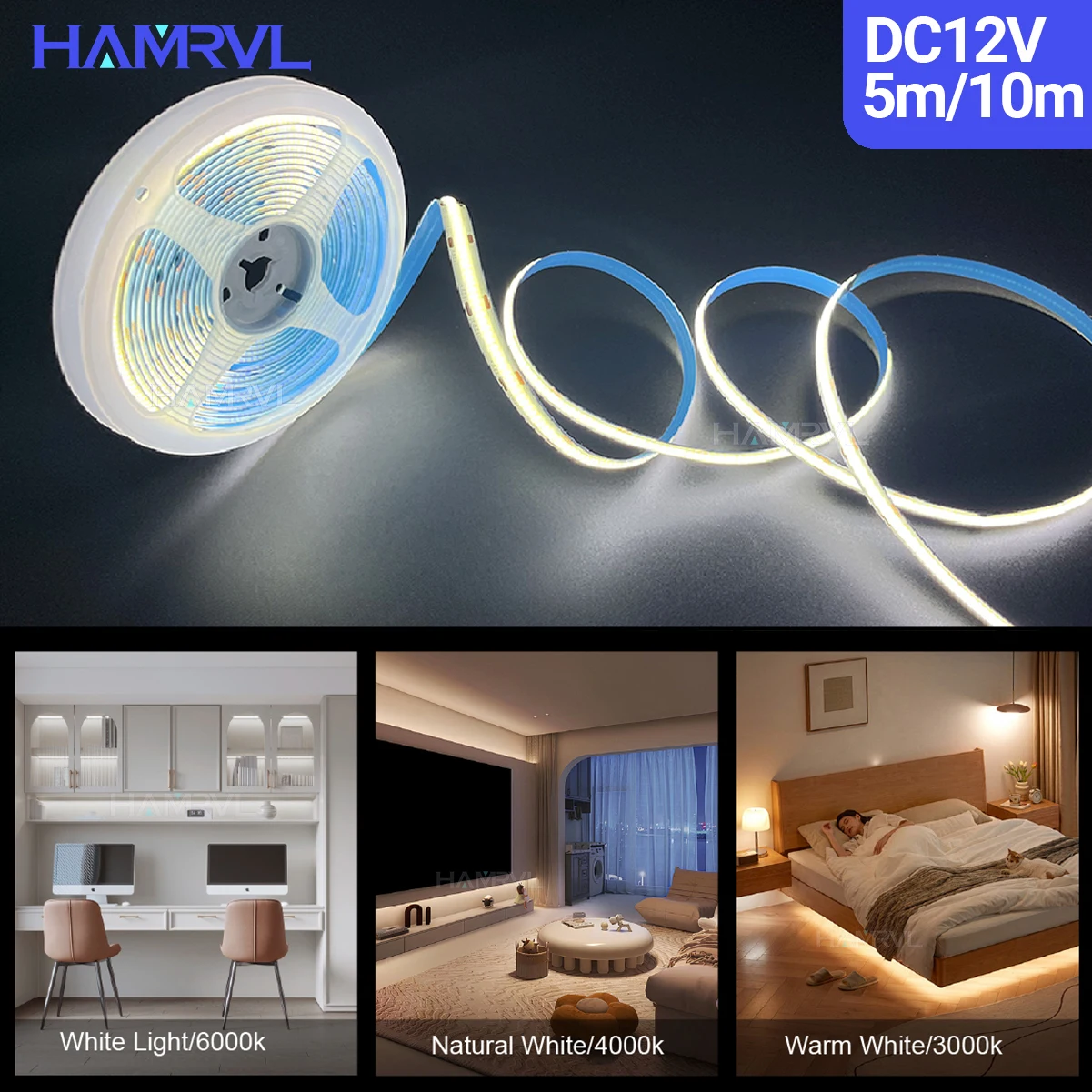 COB LED Strip Lights 320 LEDs/m Dimmable 16.4ft High Density Flexible Tape Ribbon 3000-6500K Natural/Warm RA90 DC12V Decor Light