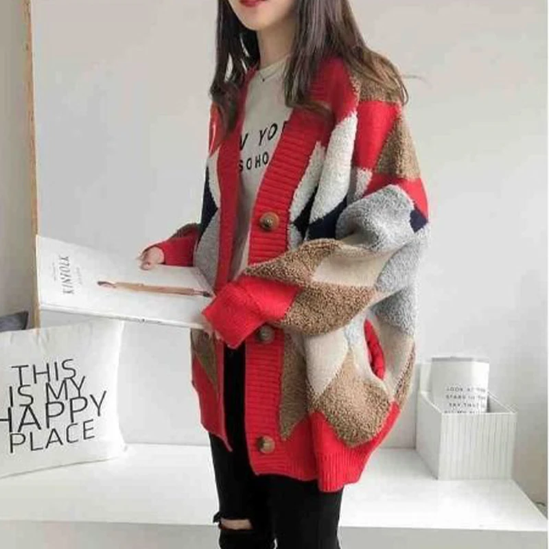 Cárdigan empalmado multicolor con rejilla de diamantes, chaqueta para mujer, Otoño Invierno, informal, calle, abrigo de punto holgado y cálido, Top