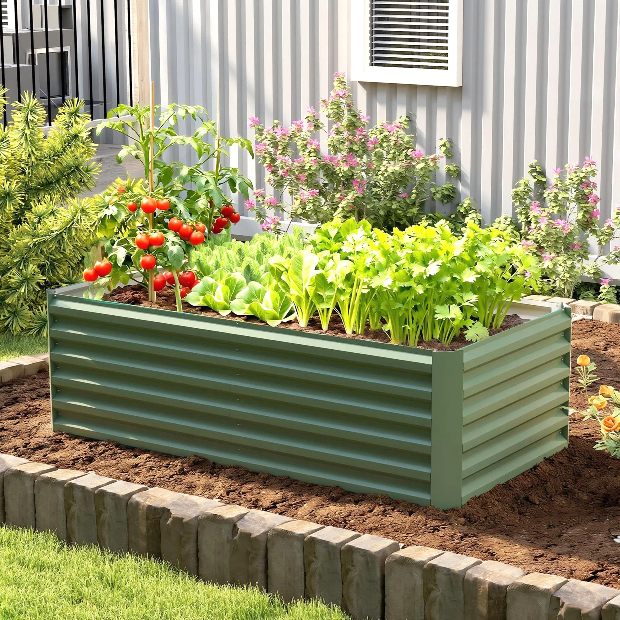 Outsunny Jardinière elevada de acero galvanizado, cama de jardín con fondo abierto, 180 x 90 x 57,5 cm, verde claro