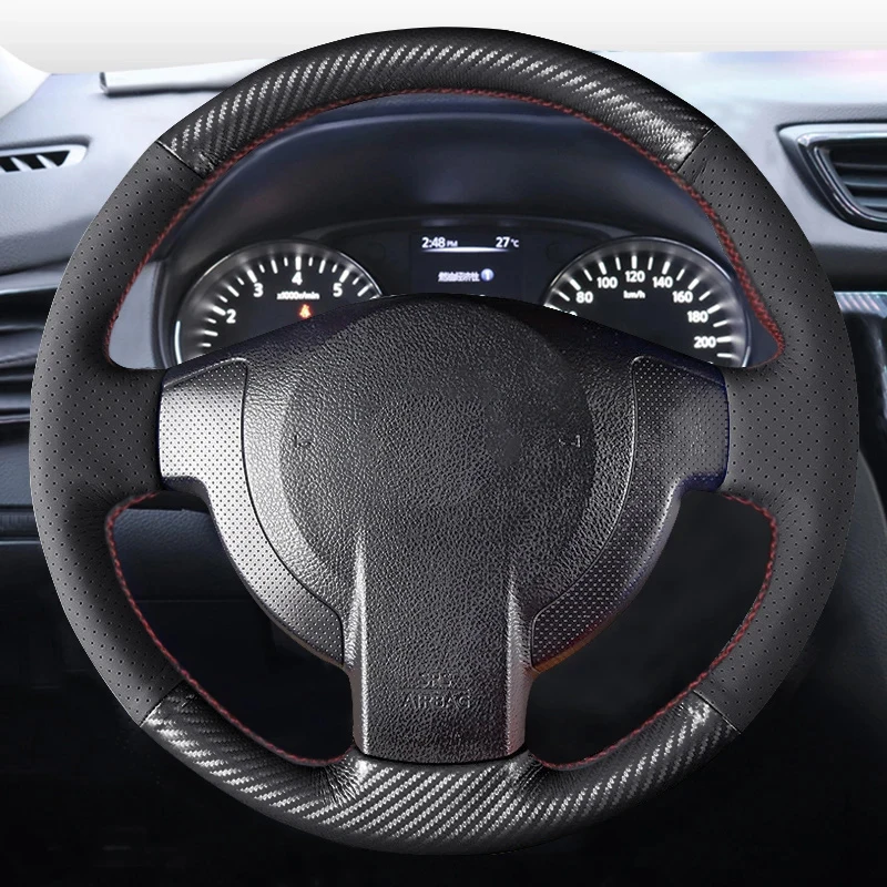 

Hand Sew Black Carbon Fiber Genuine Leather Car Steering Wheel Cover For Nissan Qashqai J10 X-TRAIL NV200 2008 - 2012
