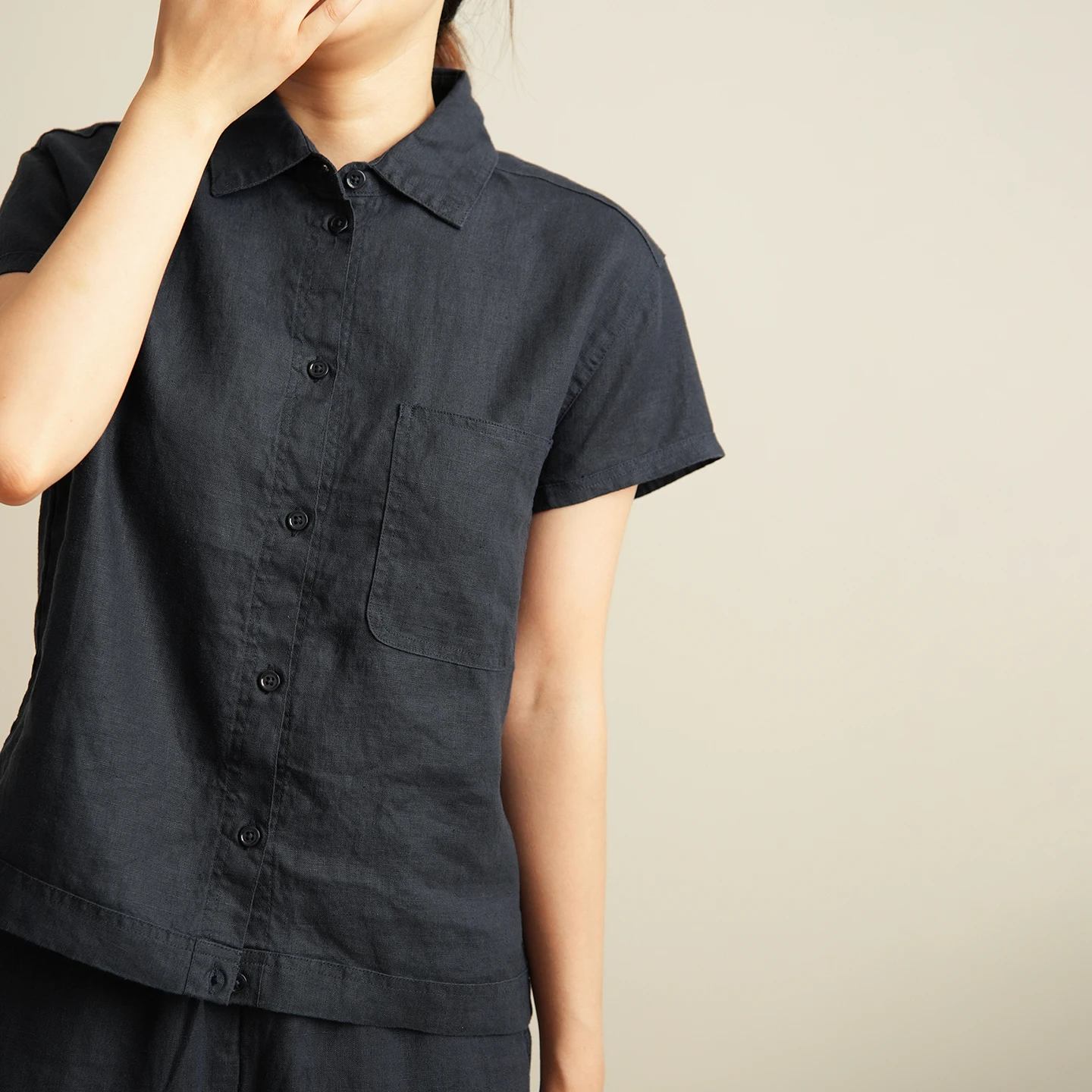 

Cotton Linen ort Sve irt Women's Collarl Button-down Blue Color Breathable Moisture ng Straight Cut Blouse