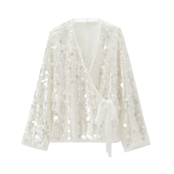YENKYE New Autumn Women Sequin Kimono Jacket Coat Long Sleeve V Neck Female Casual Loose Outerwear Chic Lady Wrap Outfits 2 YENKYE New Autumn Women Sequin Kimono Jacket Coat Long Sleeve V Neck Female Casual Loose Outerwear Chic Lady Wrap Outfits 2