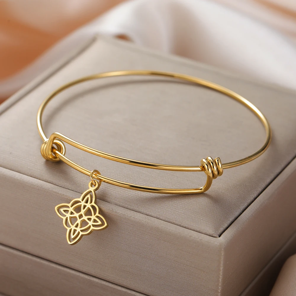 Dawapara Witch Knot Charm Bangle Adjustable Magic Wiccan Symbol Irish Good Luck Amulet Stainless Steel Bracelet Couple Jewelry