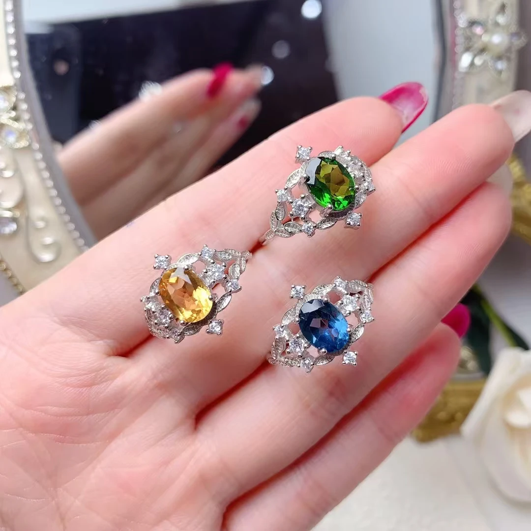 

Exquisite 925 Silver Gemstone Ring 6mm*8mm Natural Citrine Topaz and Diopside Ring with Thick 18K Gold Plating Keep Shining