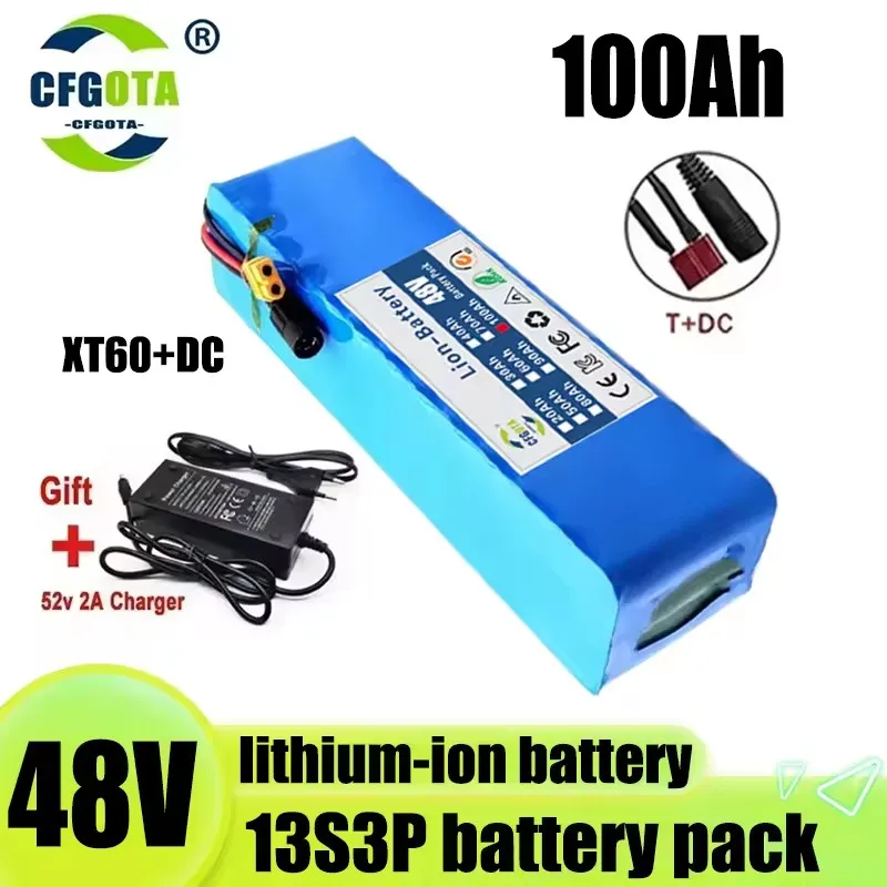 48V 100Ah 500W 750W 1000W 2000W 13S3P XT60+DC T+DC lithium-ion battery pack, used for 48V motors, with BMS+54.6V charger