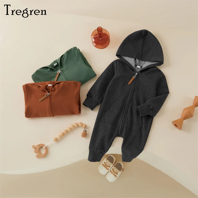 Tregren 0-12M Newborn Baby Boys Girls Jumpsuits Long Sleeve Solid Color Zip Up Hooded Rompers Casual Spring Fall Clothing