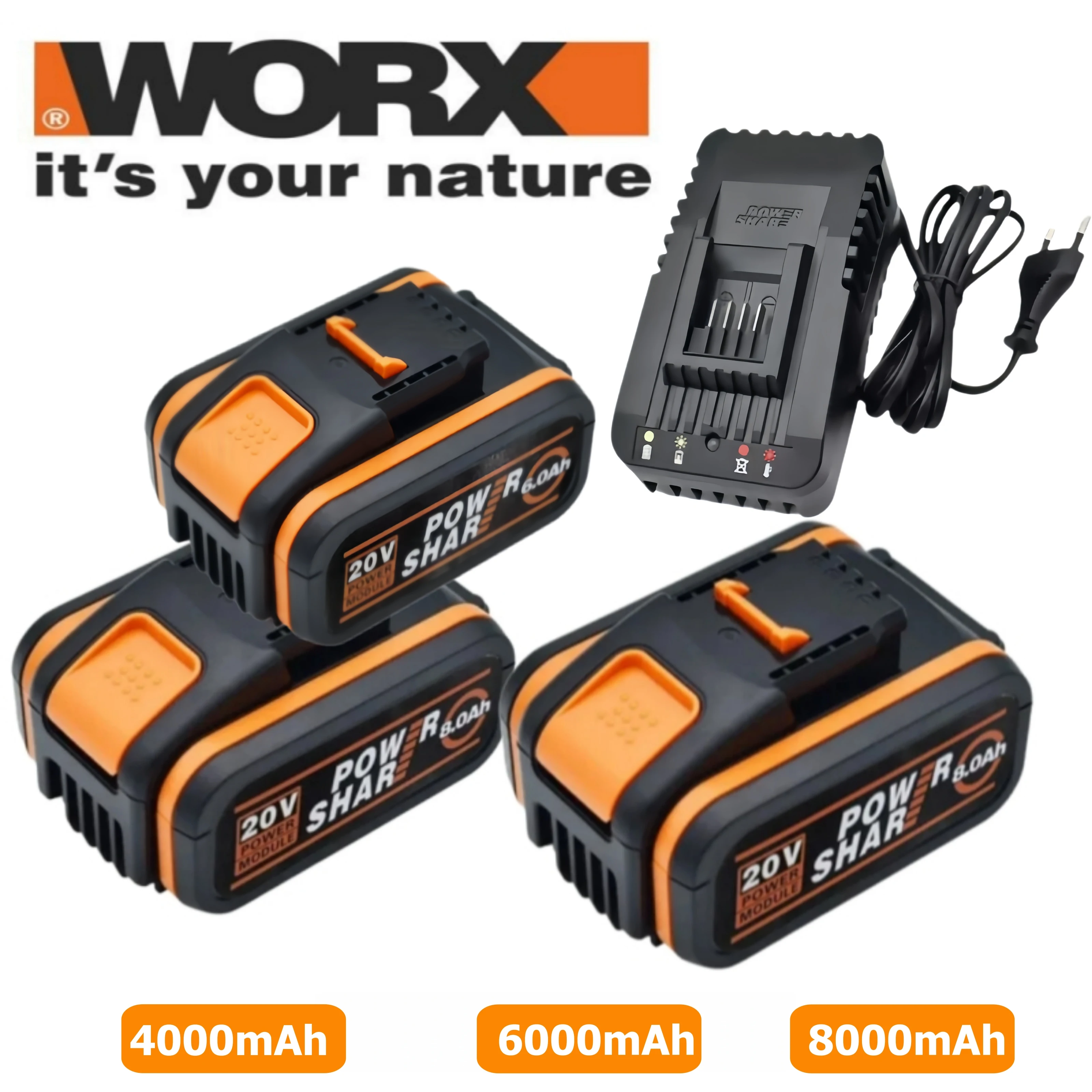 Worx 20V 4.0/6.0/8.0Ah Rechargeable Li-ion Battery WA3551 WA3551.1 WA3553 WA3641 WX373 WX390 Electric Tool With Charger