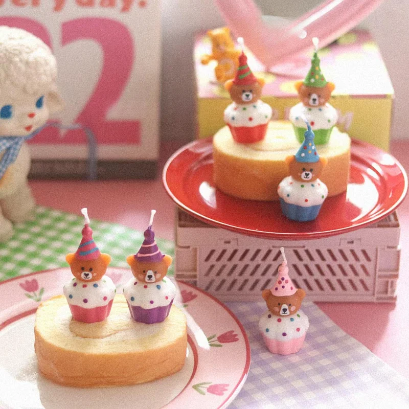 3pcs Bear Birthday Candles Cake Decoration Kids Birthday Party Supplies Colorful Cupcake Bear Candle Smokeless Baby 1st Baking