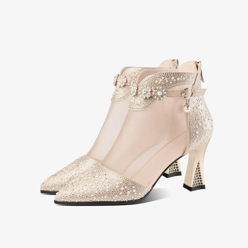 

Boots Women's Beaded Rhinestone Mesh Patchwork Pyramid Heel Ankle Mesh Sandals Versatile Heel Flower Shoes Mesh Breathable Pumps