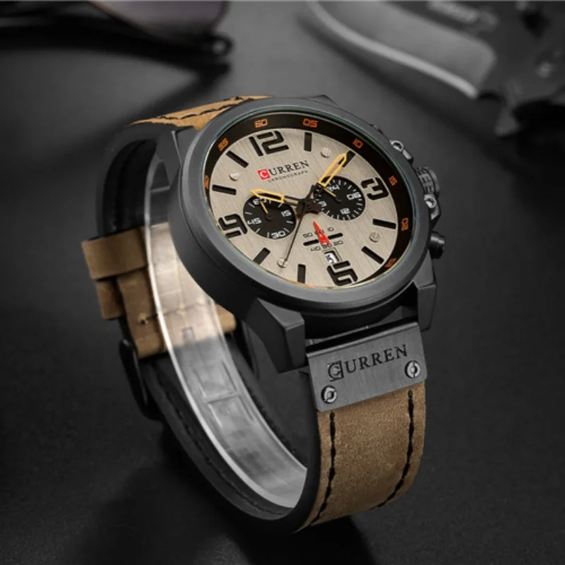 CURREN 8314 New Men\'s Quartz Watch Fashion Multi-function Chronograph Clock Leather Strap Calendar Simple Sports Watches for Men