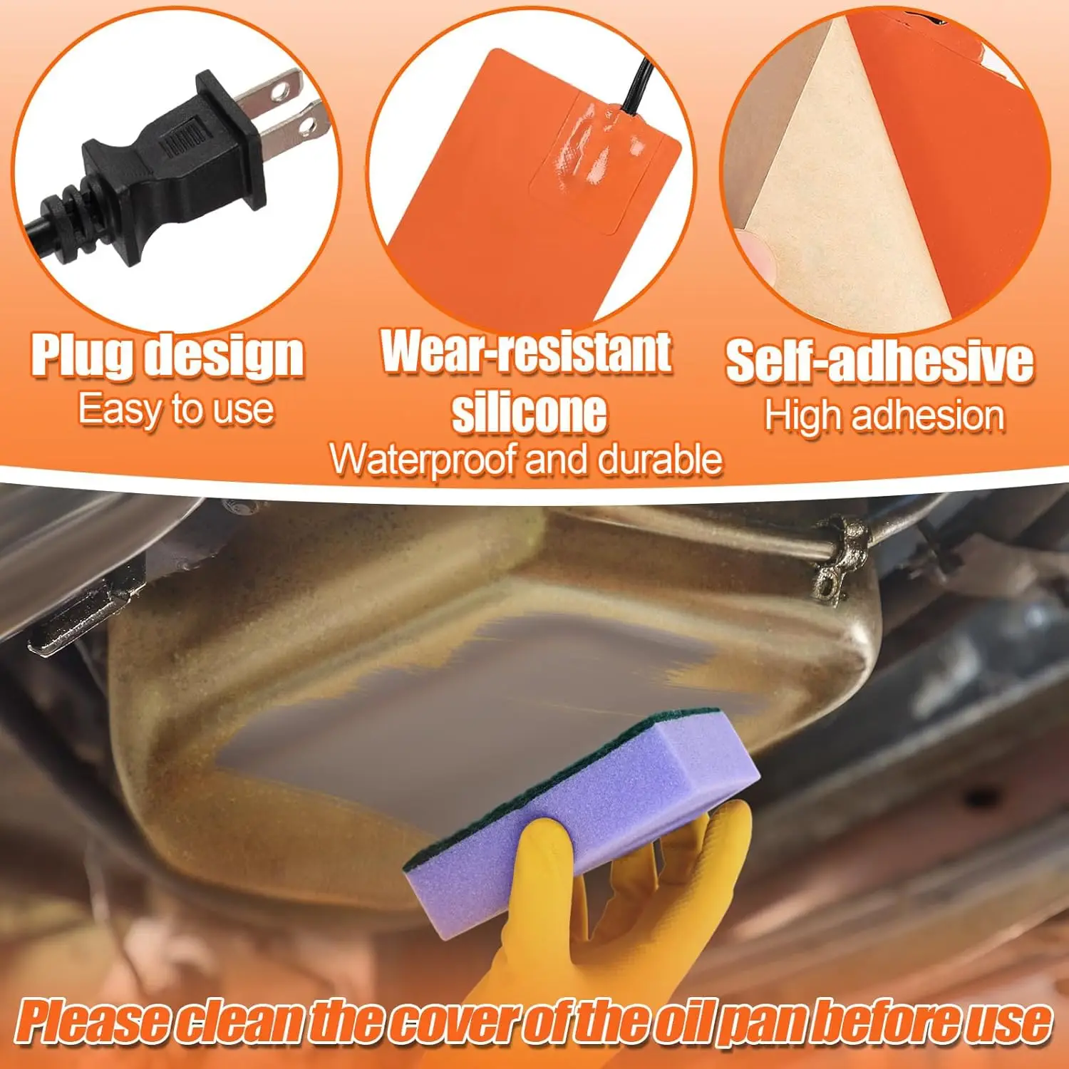 سخان زيت المحرك السيليكون 4x5 بوصة، 194 ° F واقي حراري، سلك 68 بوصة، ذاتي اللصق، 120 فولت 150 وات، قطعتان