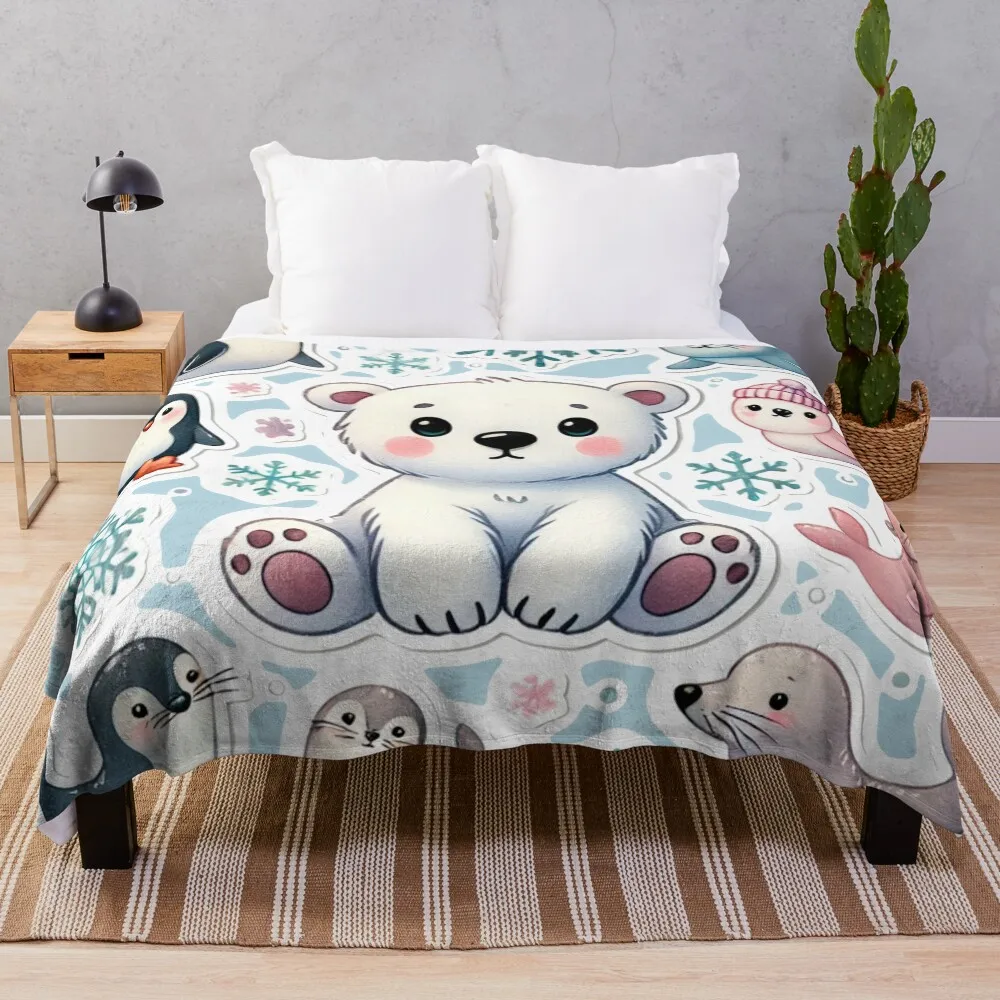 

Arctic animals in watercolor Throw Blanket Travel Size Cozy Blanket for Plane Train