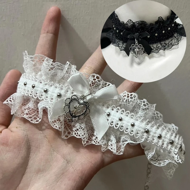 Punk Lolita  Bow Cross Heart Choker Necklace Gothic Black White Lace Necklace Vintage Y2K Elastic Girls Cosplay Collar Jewelry