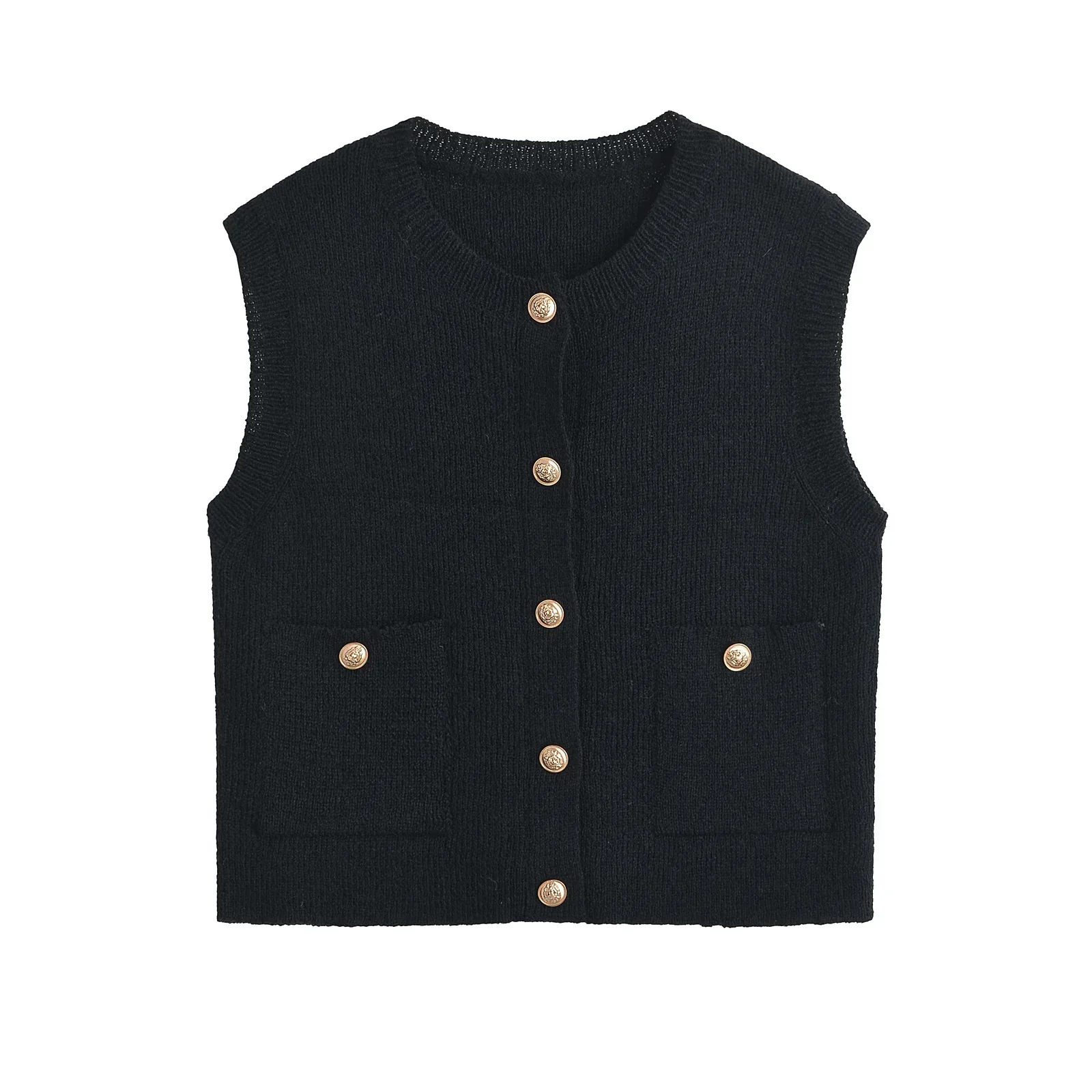 TRAF Autumn Beige Knitted Women Waistcoat Sleeveless Pockets Single Breasted Slim Cardigan Jacket Vest Y2K Crop Top 6771/104