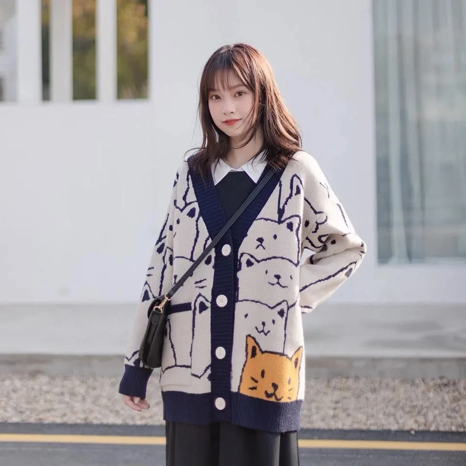 Cartoon Cat Knitted Cardigans Sweater 2024 Spring Autumn Womens Harajuku Sweater Coat O-Neck Long Sleeve Ladies Cardigan Jacket