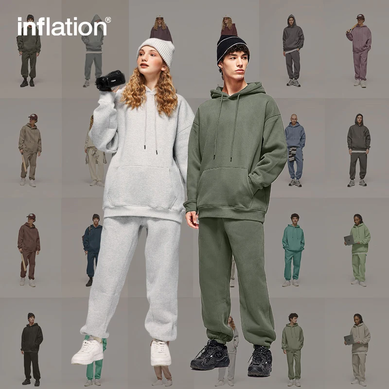 INFLATION-chándal de vellón grueso para hombre, traje de Jogging de Color sólido a la moda, conjunto de pantalones de chándal a juego en blanco,