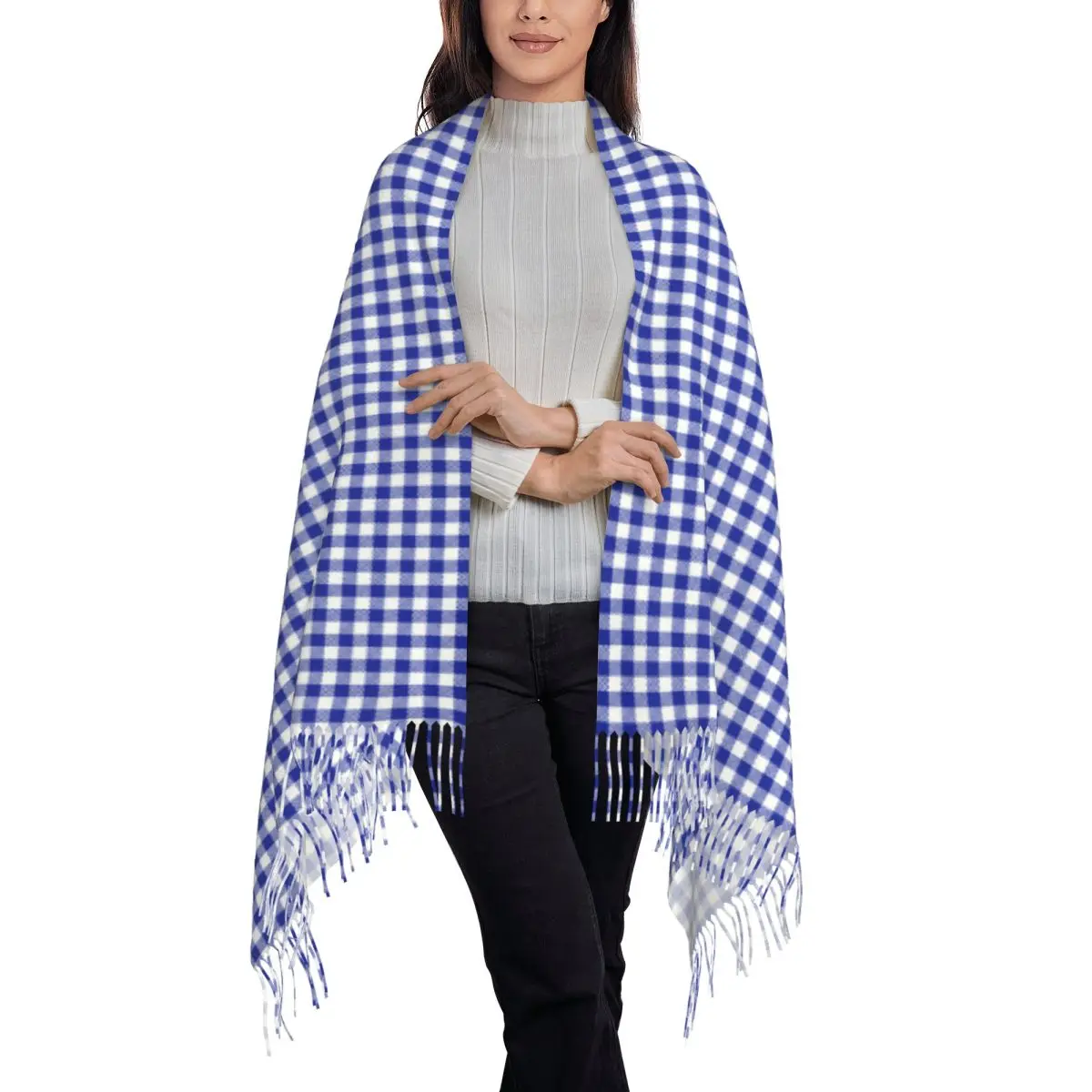 Personalized Printed Blue Gingham Scarf Women Men Winter Fall Warm Scarves Geometric Checkered Plaid Shawl Wrap