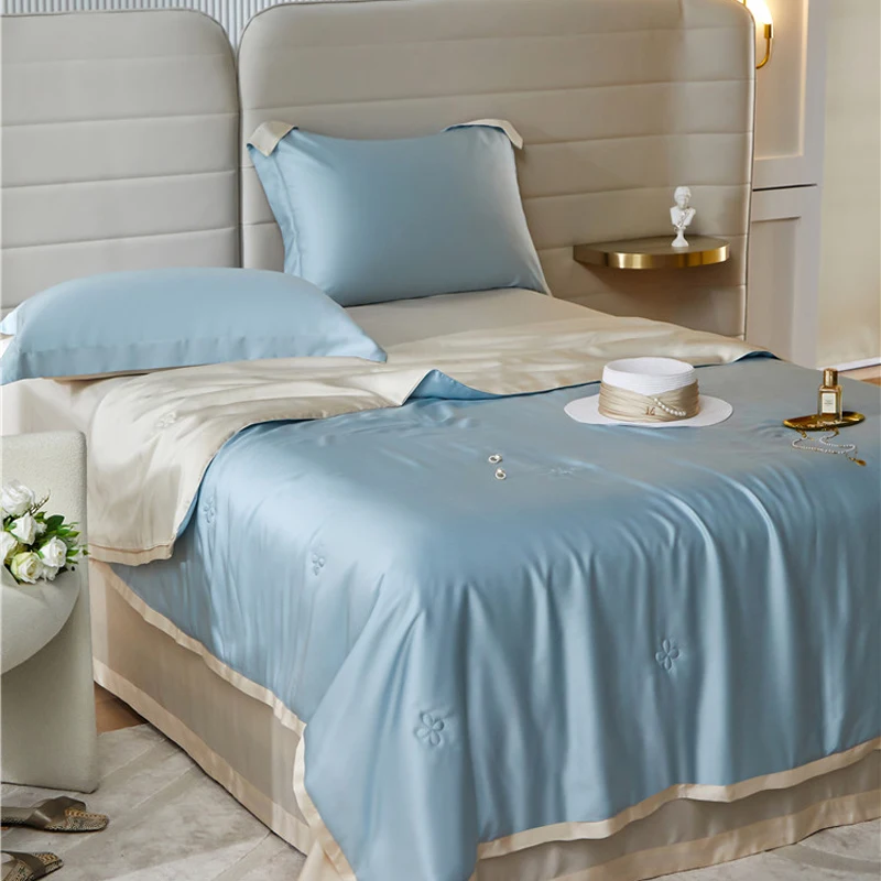 2024 Newest Four-piece Bedding Simple Cotton Double Household Bed Sheet Quilt Cover Embroidered Comfortable Bedding Blue Gray