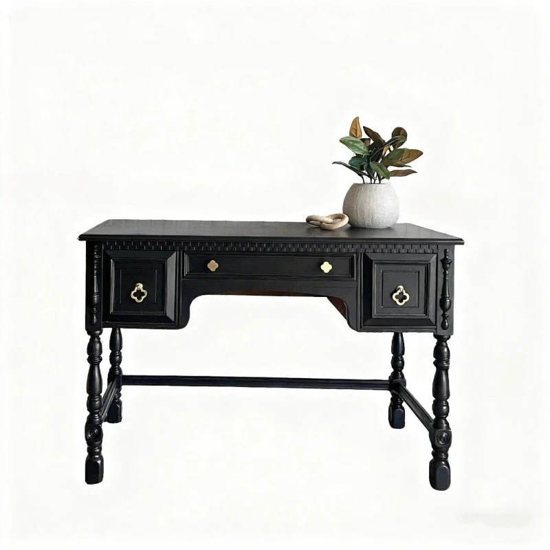 

French solid wood retro carved desk, American black bedroom makeup table, living room decoration entrance