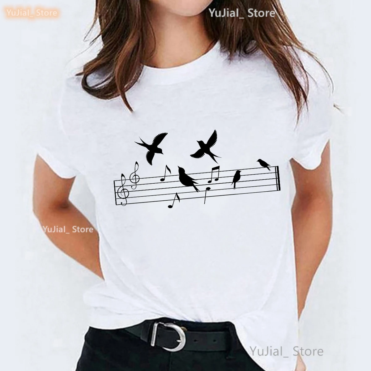 

Bird Love Music Note Printed Tshirt Girls Funny Art Aesthetic T Shirt Women Summer Tops Pink/White/Black/Gray T-Shirt Female