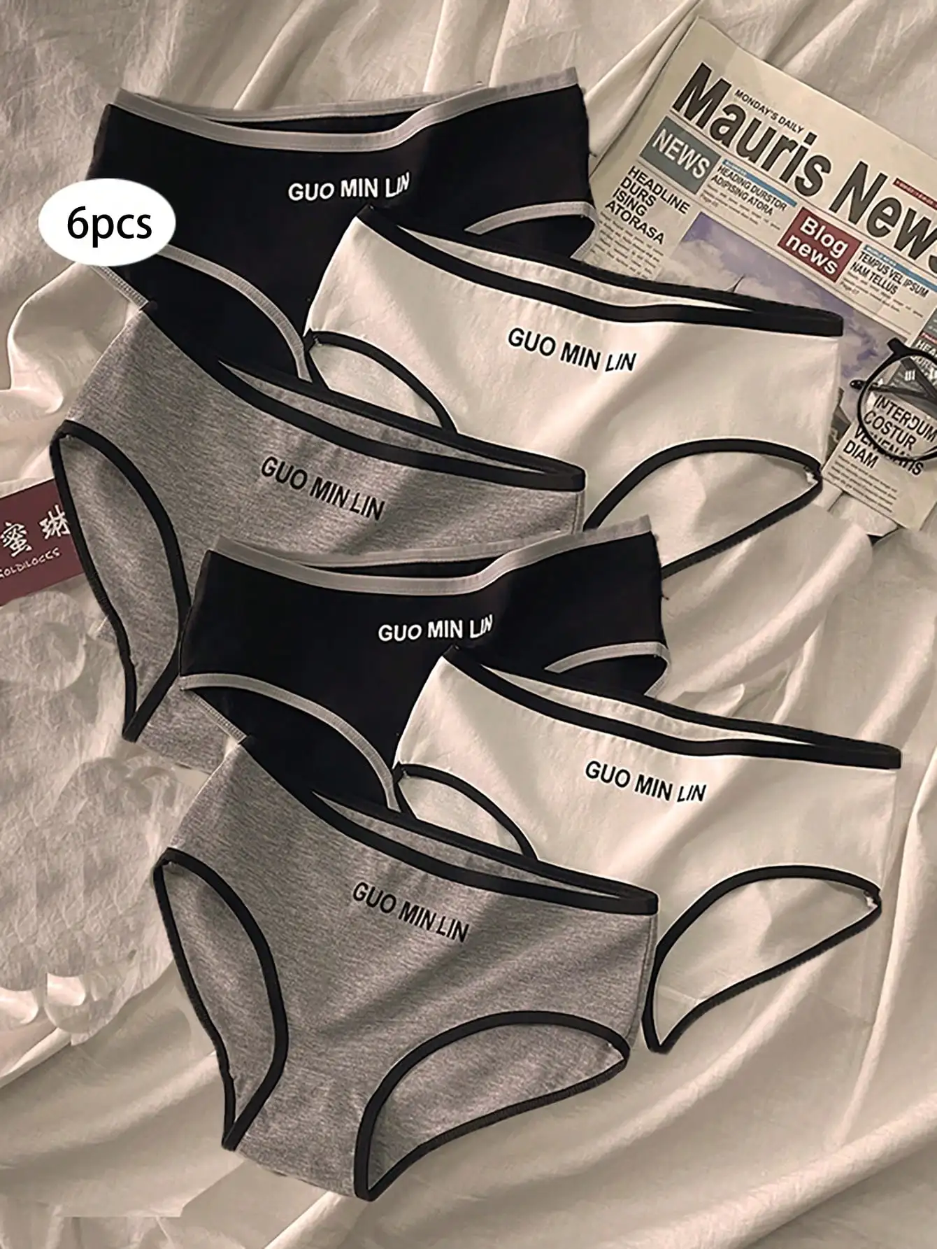 6Pcs Sporty Minimalist Style Simple Girl's Underwear Mid-Waist Japanese Black and White Pure Cotton Women's Briefs