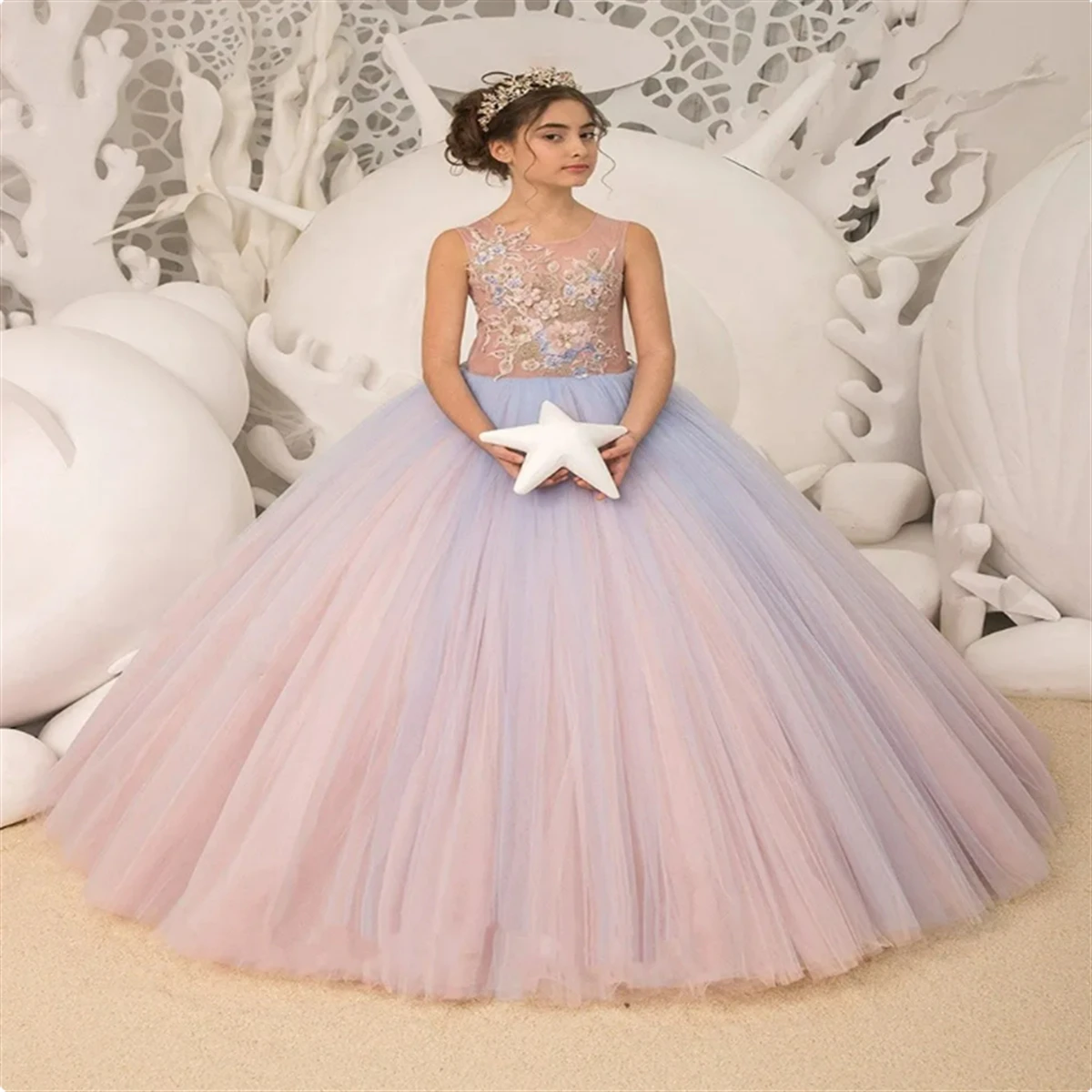 Tulle Fluffy Applique Flower Girl Dress For Wedding Floor Length Sleeveless Elegant Child First Eucharistic Birthday Party Dress