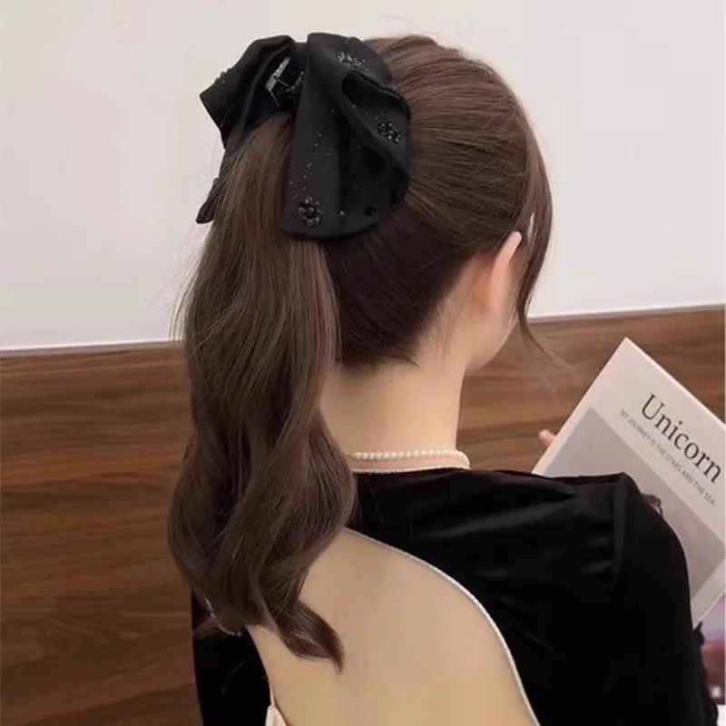 Elegancka czarna spinka do włosów z podwójną warstwą kokard, zdobiona cyrkoniami, dla kobiet, słodka ozdoba do włosów, opaska, modna spinka do włosów, akcesoria do włosów. — zdjęcie 4