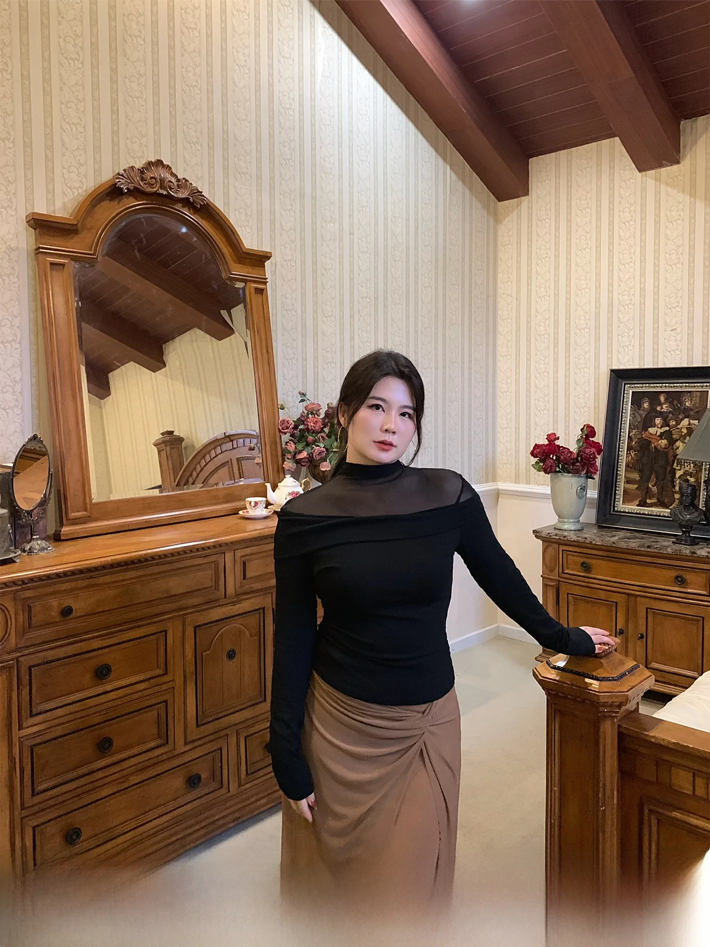 

Sexy One-oulder Knitted T-irt plus Size Bla Fake Two-Piece Top for Autumn High-Waisted Long Sve Breathable Ladies' Wear