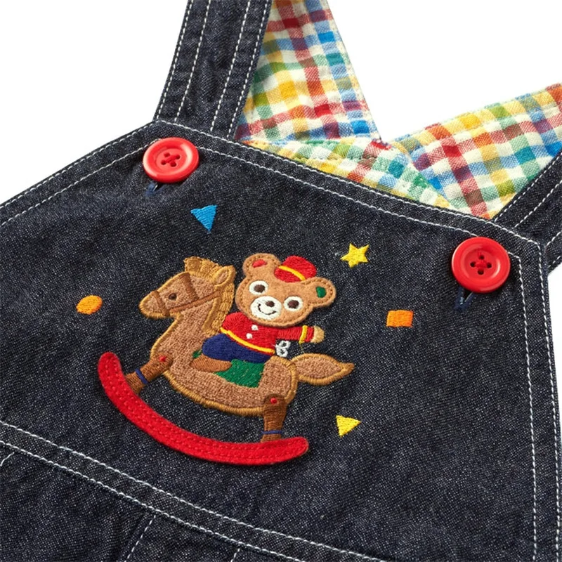 New Japanese Children\'s Overalls Casual Pants Cartoon Trojans Bears Embroidered Straps Shorts Jeans Boys Clothes Pantalones