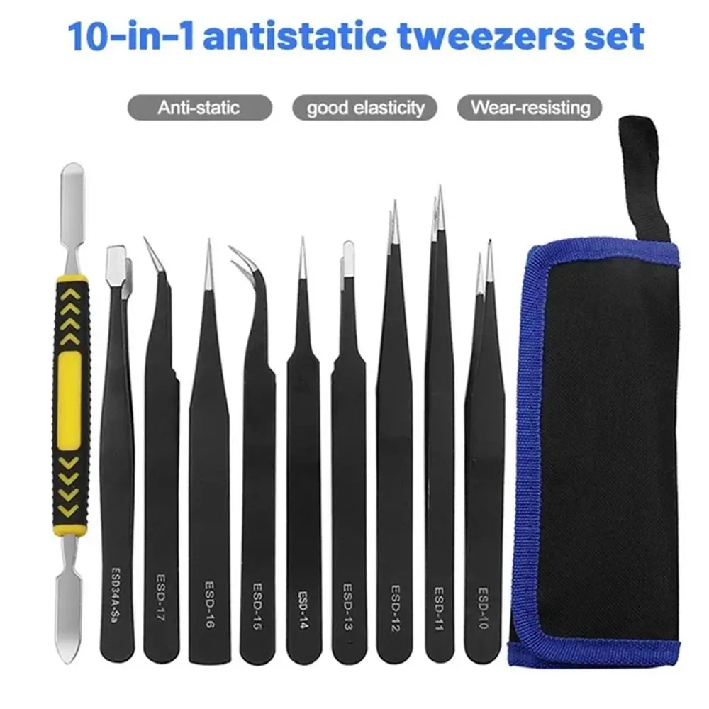 

9/10pcs Curved/Straight Design Precision Tweezers Set Durable Black Industrial Repair Tools with Storage Bag Multiple Sizes