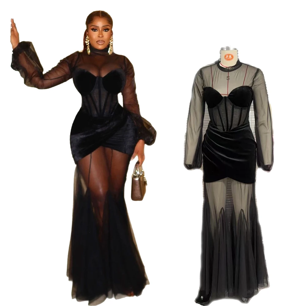 Sexy durchsichtige Abendkleider, flauschige lange Ärmel, Stehkragen, Meerjungfrau-Abschlussballkleid für afrikanische Frauen, Illusions-Geburtstagskleider für Mädchen