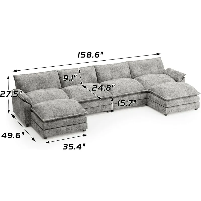 Sectional Modular Sofa U Shaped Chenille Fabric Couch with High Supportive & Soft Sponges and Removable Ottoman, Sleeper Comfy