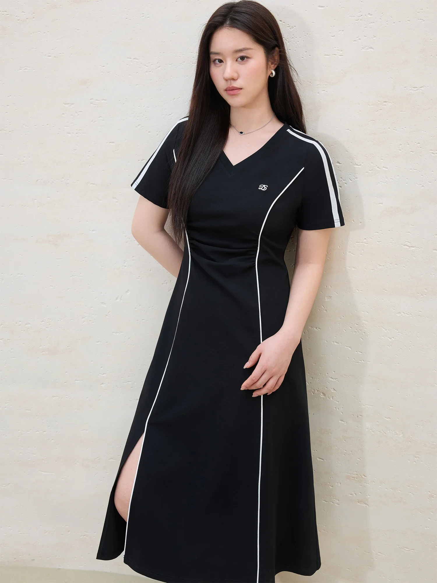 DUSHU Women Casual Summer Long Dress V-Neck Black T-Shirt Dress Contrast Color Webbing Design X-LINE Dress 25DS82147