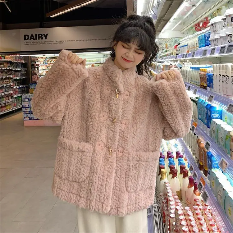 Warm Thicken Lamb Wool Jacket For Women 2023 New Long Sleeve Faux Fur Coats Woman With Pocket Korean Style Winter Outwear